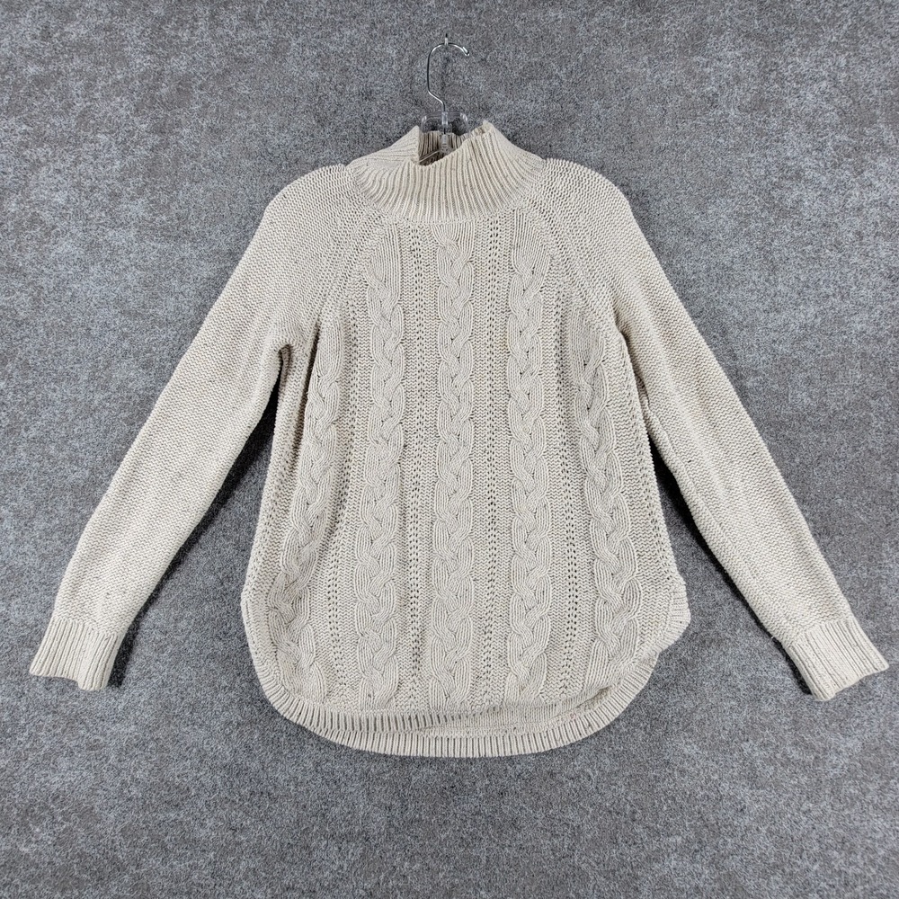 Loft Sweater Womens XS Heather Beige Cable-Knit Mock Neck Raglan Sleeve Pullover